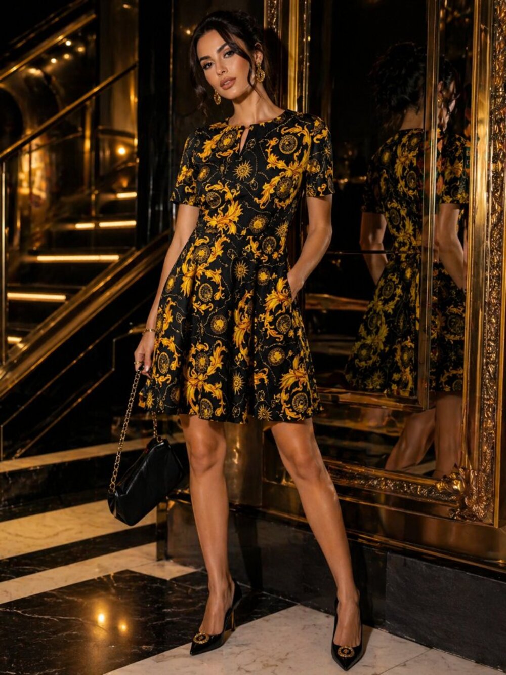 Black Dress with Bold Gold Baroque Print Unbranded Fauxsauce Jeans Couture Look